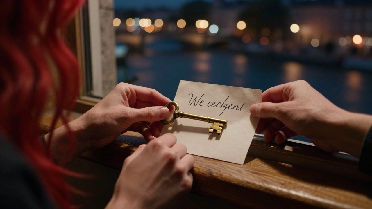 A brass key and handwritten note rest on a windowsill overlooking the Seine at night.