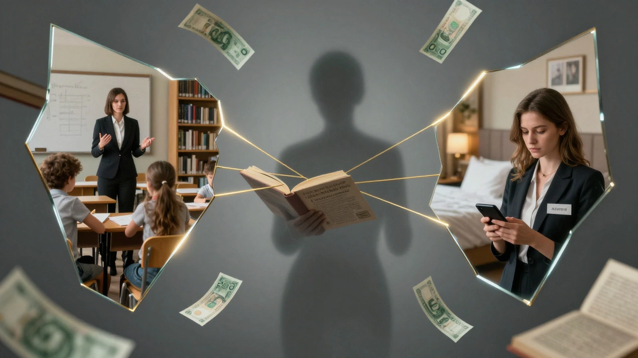 A fragmented mirror reflects a woman&#039;s multiple identities — teacher, reader, escort — fading into shadow.