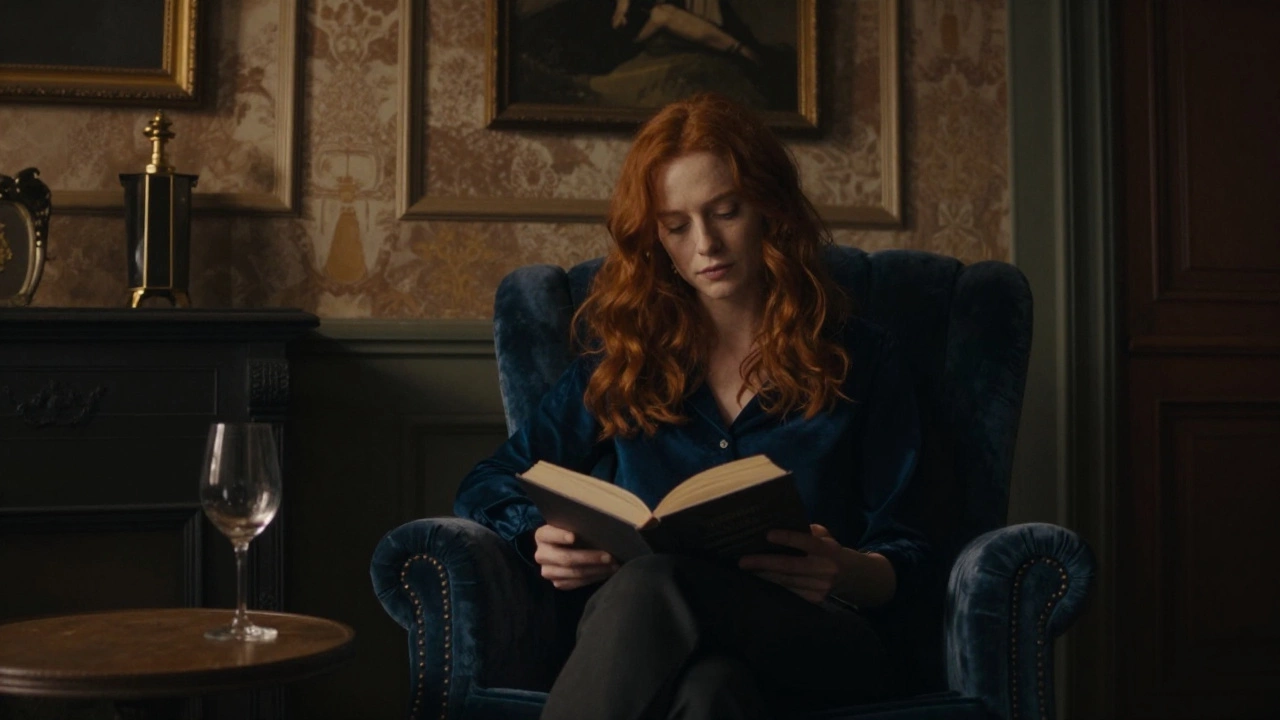 A red-haired woman sits quietly in a softly lit Paris apartment, surrounded by art and books.
