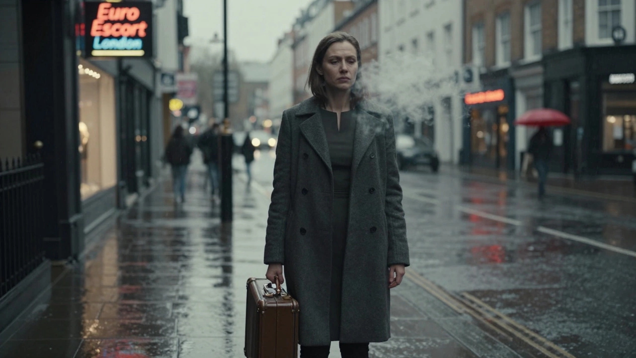 A Russian woman stands alone on a rainy London street at dusk, clutching a suitcase under neon signs.