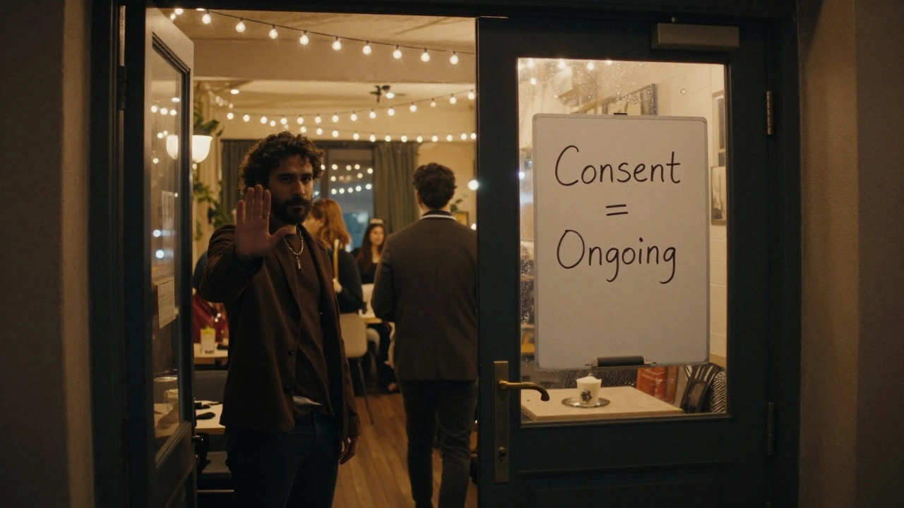 People at a private adult gathering, one clearly signaling stop while another respects the boundary.